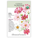 Front of an organic Botanical Interests seed packet for Sea Shells Blend Cosmos Seeds featuring a USDA Organic seal and botanical information and illustration of pink, rose, and white cosmos flowers with fluted, seashell-like petals.