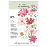 Front of an organic Botanical Interests seed packet for Sea Shells Blend Cosmos Seeds featuring a USDA Organic seal and botanical information and illustration of pink, rose, and white cosmos flowers with fluted, seashell-like petals.