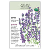 Seed packet for USDA Organic Munstead Lavender featuring an illustration of tall purple flower spikes with narrow gray-green leaves, alongside text noting it's a heirloom perennial for full sun, blooming summer at 12–18 inches tall, prized as a fragrant cutting flower.
