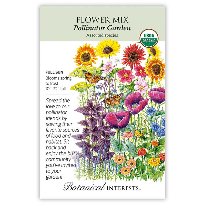 Botanical Interests USDA Organic seed packet for Pollinator Garden Flower Mix, illustrated with sunflowers, red poppies, purple salvia, cosmos, zinnias, and monarch butterflies, labelled full sun, blooms spring to frost, 10 to 72 inches tall, with descriptive text about attracting pollinators.