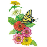 Detailed botanical illustration of a yellow swallowtail butterfly resting on vibrant red, pink, and yellow zinnia flowers for Thumbelina Zinnia Seeds on a plain white background.