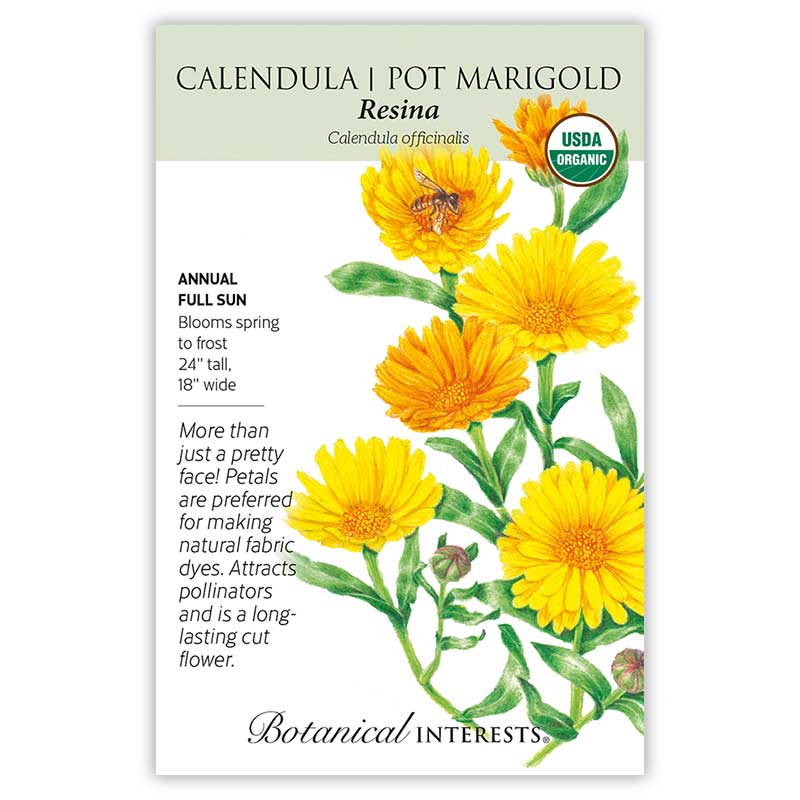 Seed packet for Resina Pot Marigold showing an illustration of golden-orange daisy-like blooms with a bee, alongside a USDA Organic seal and printed text on growing as a full-sun annual, blooming spring to frost, and uses for dyeing and cutting.
