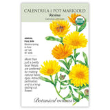 Seed packet for Resina Pot Marigold showing an illustration of golden-orange daisy-like blooms with a bee, alongside a USDA Organic seal and printed text on growing as a full-sun annual, blooming spring to frost, and uses for dyeing and cutting.