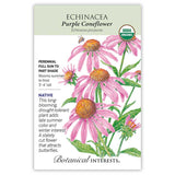 Botanical Interests organic Purple Coneflower seed packet illustrating pink-petaled echinacea blooms with orange spiny centers and a visiting bee, alongside text noting it's a native perennial for full sun to part shade, blooming summer to frost, 3'–4' tall, drought-tolerant and butterfly-attracting.