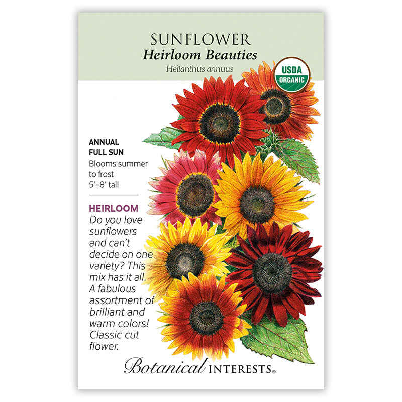 Front of an organic Botanical Interests seed packet for Heirloom Beauties Sunflower Seeds displaying a USDA Organic seal and product details and colorful illustration of yellow, orange, red, and mahogany sunflowers.