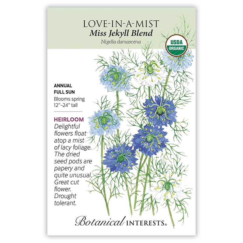 Seed packet for Miss Jekyll Blend Love-In-A-Mist Seeds featuring a USDA Organic seal and botanical information and illustration of blue and white flowers with feathery foliage.