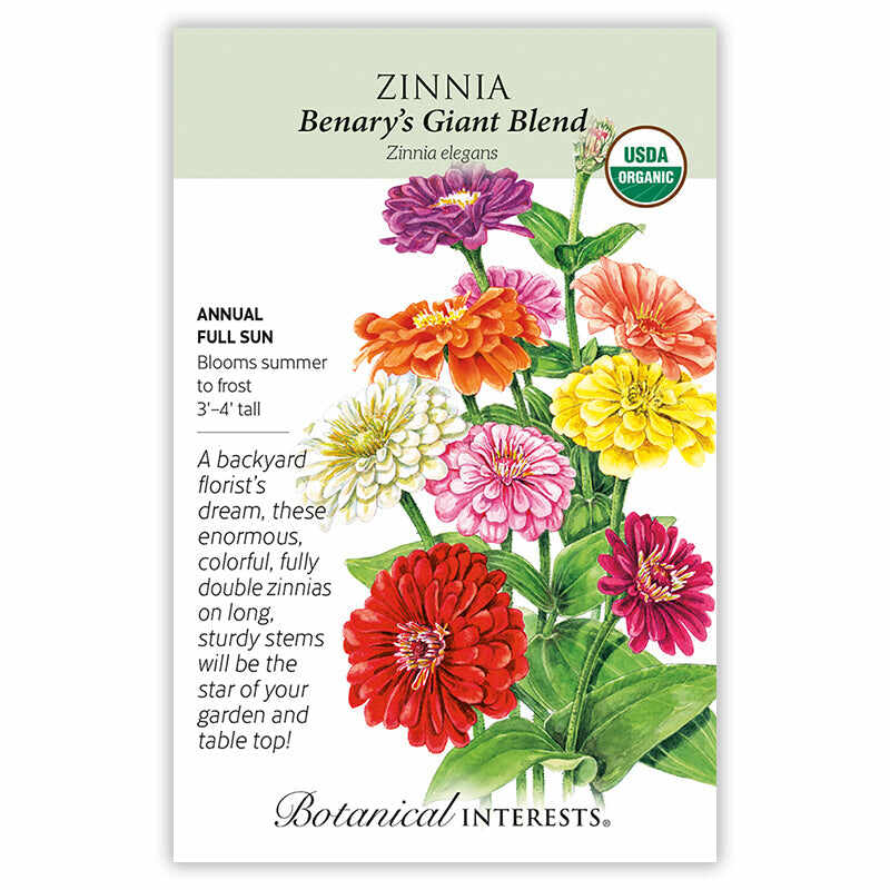 Zinnia Benary's Giant Blend seed packet with colorful flowers and botanical information.