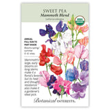 Seed packet for USDA Organic Sweet Pea Mammoth Blend, illustrated with an array of ruffled blooms in red, pink, purple, white, and blue on long stems, with text noting it's a full sun to part shade annual, 5'–6' vines, blooming spring/summer, prized for large early flowers and heat and drought resistance.