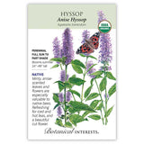Seed packet for Anise Hyssop, USDA Organic, illustrated with tall purple flower spikes, a painted lady butterfly, and green leaves, with text noting it's a native perennial for full sun to part shade, blooming summer at 24–48 inches tall.