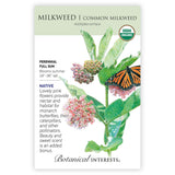 Front of an organic Botanical Interests seed packet for Common Milkweed/Butterfly Flower Seeds displaying a USDA Organic seal, native plant details, and a botanical illustration of green milkweed leaves, pink flowers, and a monarch butterfly.