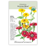 Seed packet for Peruvian Blend Zinnia with a USDA Organic seal, illustrating single red and golden-yellow blooms with a yellow butterfly, alongside text noting it's a heat- and drought-tolerant Southwest annual, full sun, 24