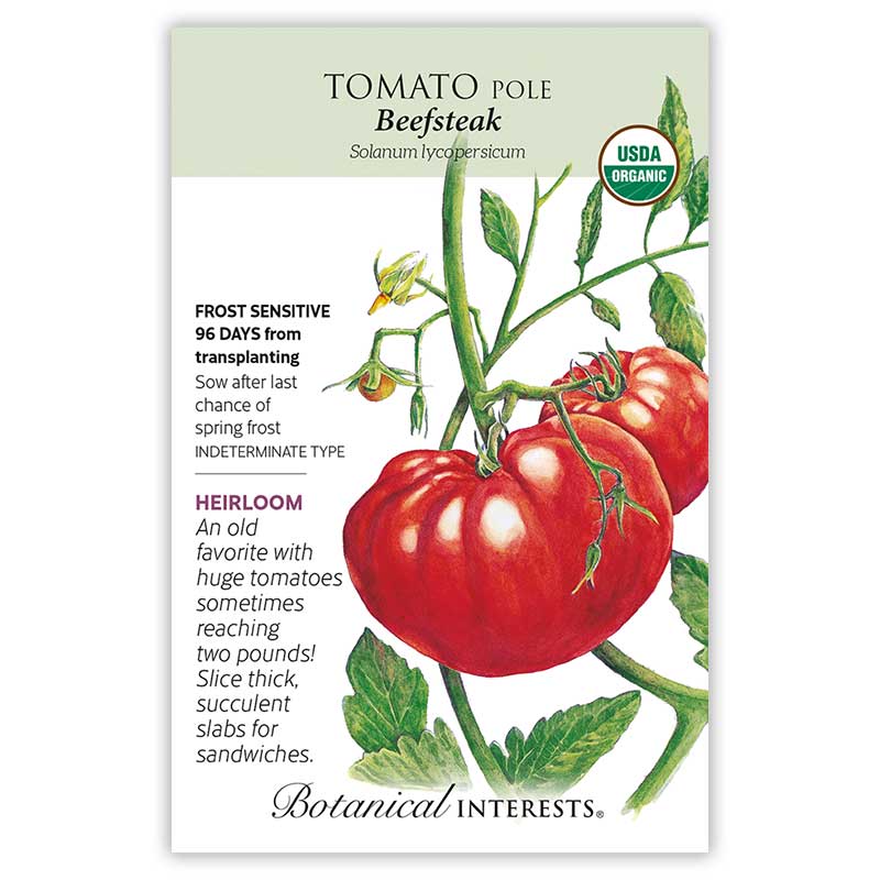 Tomato seed packet with illustration of tomatoes and text on a white background