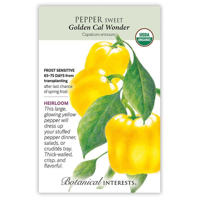 Seed packet for Botanical Interests Sweet Golden Cal Wonder yellow pepper with images and botanical information.
