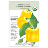 Seed packet for Botanical Interests Sweet Golden Cal Wonder yellow pepper with images and botanical information.