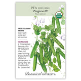 Seed packet for Progress #9 shelling pea, illustrated with vines bearing plump green pods, white flowers, and text noting it is USDA organic, heirloom, frost tolerant, matures in 58 days, and grows 18 inches tall without staking.