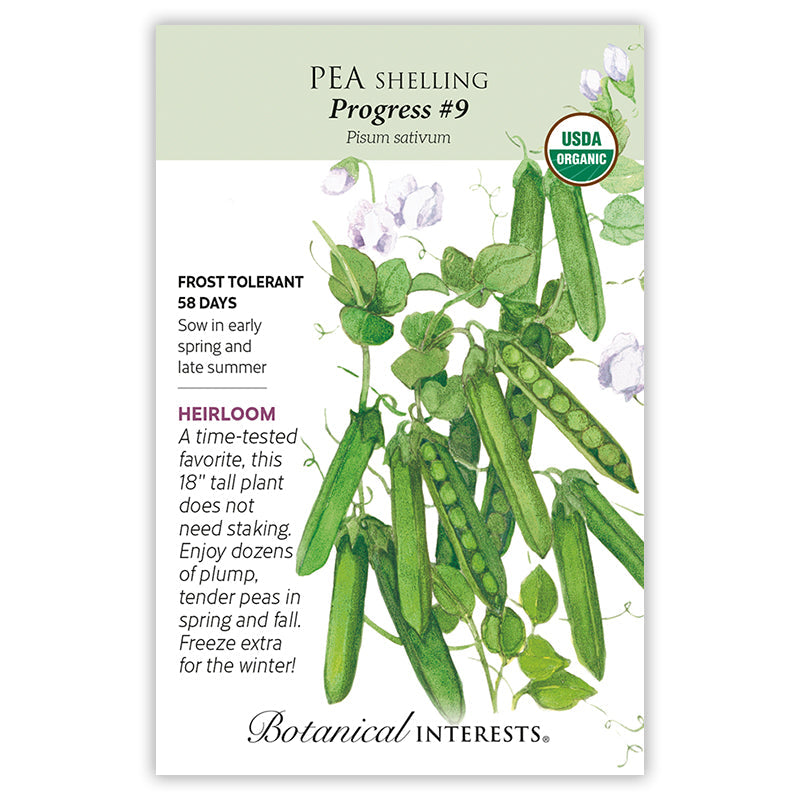 Seed packet for Progress #9 shelling pea, illustrated with vines bearing plump green pods, white flowers, and text noting it is USDA organic, heirloom, frost tolerant, matures in 58 days, and grows 18 inches tall without staking.