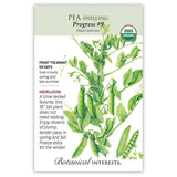 Seed packet for Botanical Interests organic Progress #9 shelling pea, illustrated with a detailed botanical drawing of vines, white flowers, and plump green pea pods, with printed text noting it's frost tolerant, heirloom, 58 days to maturity, and grows 18 inches tall without staking.