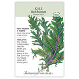 Seed packet for Red Russian Kale featuring an illustration of deeply lobed, frilly green leaves with purple veins and stems, with USDA Organic and heirloom labels and text noting frost tolerance, 21-50 days to maturity, and sowing in early spring or late summer.