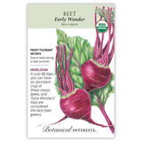 Seed packet for organic heirloom Early Wonder beet, illustrated with two deep magenta round beets and leafy green tops, with text noting it's frost tolerant, ready in 48 days, and prized for both roots and greens.