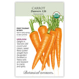 Front of an organic Botanical Interests seed packet for Danvers 126 Carrot Seeds displaying a USDA Organic seal, plant characteristics, and a botanical illustration of bright orange carrots with leafy green tops.