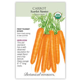 Seed packet for organic heirloom Scarlet Nantes carrot, illustrated with a bunch of smooth, deep orange carrots with feathery green tops, and text noting frost tolerance, 65-day maturity, and 6–7 inch roots.