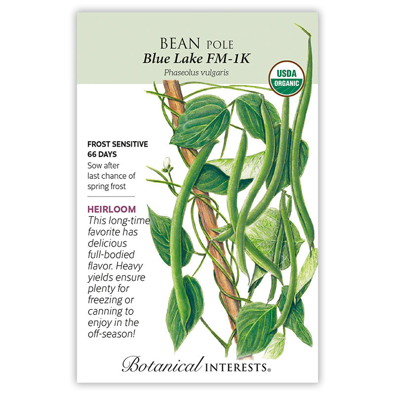 Seed packet for Blue Lake FM-1K Pole Bean, USDA Organic and heirloom, illustrated with a climbing vine bearing straight green pods and leaves twining up a wooden pole, with text noting frost sensitivity, a 66-day maturity, and full-bodied flavor good for freezing or canning.
