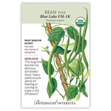 Seed packet for Blue Lake FM-1K Pole Bean, USDA Organic and heirloom, illustrated with a climbing vine bearing straight green pods and leaves twining up a wooden pole, with text noting frost sensitivity, a 66-day maturity, and full-bodied flavor good for freezing or canning.