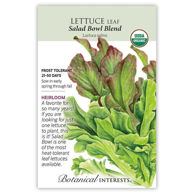 Front of an organic Botanical Interests seed packet for Salad Bowl Blend Leaf Lettuce Seeds featuring a USDA Organic seal and a botanical illustration of green and red ruffled leaf lettuce.