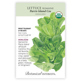 Front of an organic Botanical Interests seed packet for Parris Island Cos Romaine Lettuce Seeds featuring a USDA Organic seal and botanical information and  illustration of upright green romaine lettuce.