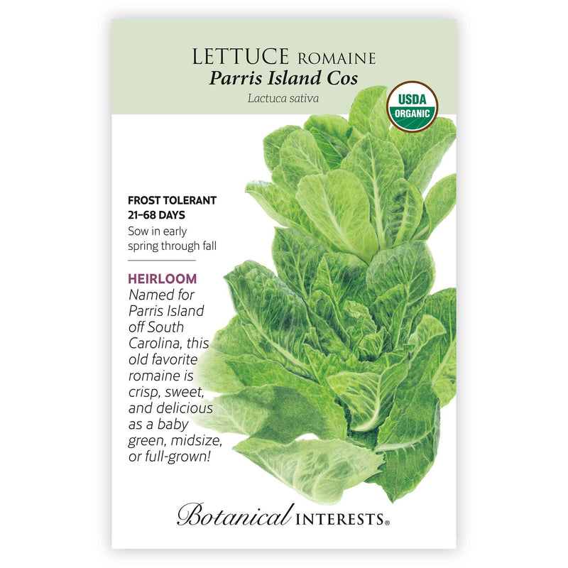 Front of an organic Botanical Interests seed packet for Parris Island Cos Romaine Lettuce Seeds featuring a USDA Organic seal and botanical information and  illustration of upright green romaine lettuce.