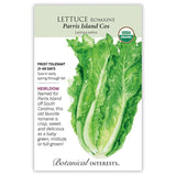 Seed packet for Botanical Interests organic heirloom Parris Island Cos romaine lettuce, illustrated with a watercolor of tall, ruffled pale-green leaves with white ribs, plus text noting frost tolerance, a 21–68 day maturity, and spring-through-fall sowing.