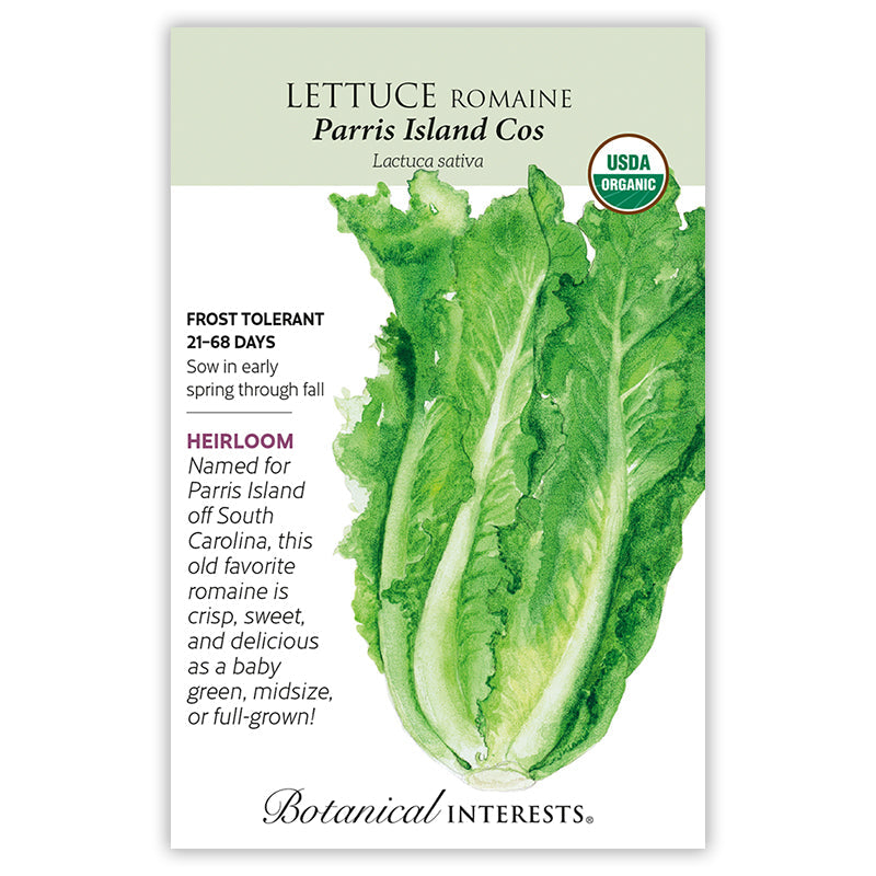 Seed packet for Botanical Interests organic heirloom Parris Island Cos romaine lettuce, illustrated with a watercolor of tall, ruffled pale-green leaves with white ribs, plus text noting frost tolerance, a 21–68 day maturity, and spring-through-fall sowing.