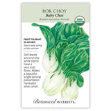 Seed packet for Bok Choy Baby Choi with botanical illustration and growing information on a white background