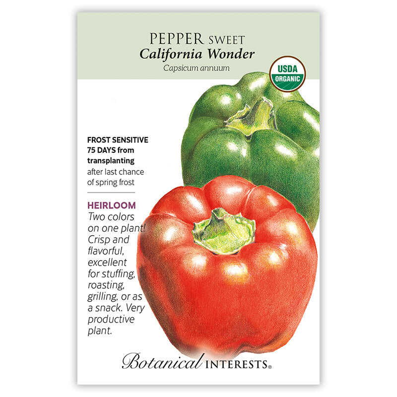 Seed packet for Botanical Interests California Wonder Sweet Pepper featuring an illustration of one glossy green and one red bell pepper, with USDA Organic certification and printed text noting it's frost sensitive, ready 75 days after transplanting, and an heirloom variety producing two colors on one plant, crisp and flavorful for stuffing, roasting, grilling, or snacking.