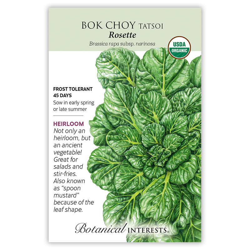 Seed packet for Bok Choy Tatsoi Rosette with green leaves and Botanical Interests branding.