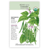Botanical Interests seed packet for Contender Bush Bean, USDA Organic certified, illustrated with lavender-pink flowers and clusters of slender green pods among broad leaves, with text noting frost sensitivity, a 50-day maturity, and heirloom status.