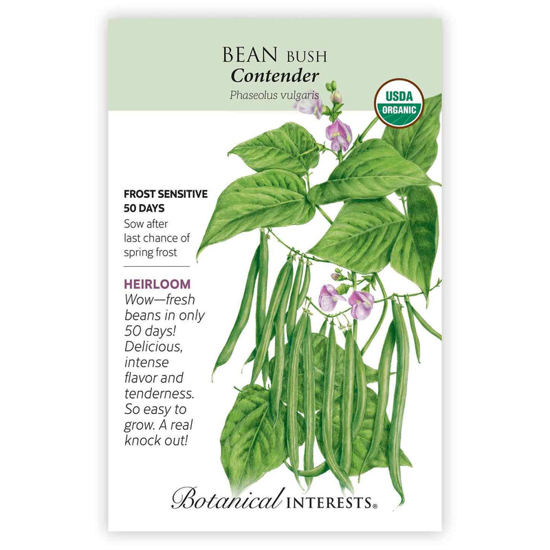 Botanical Interests seed packet for Contender Bush Bean, USDA Organic certified, illustrated with lavender-pink flowers and clusters of slender green pods among broad leaves, with text noting frost sensitivity, a 50-day maturity, and heirloom status.