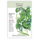 Seed packet for Bush Contender organic heirloom beans, illustrated with a detailed botanical drawing of green leaves, pale purple flowers, and slender bean pods, with text noting it's frost sensitive, ready in 50 days, and USDA organic certified.
