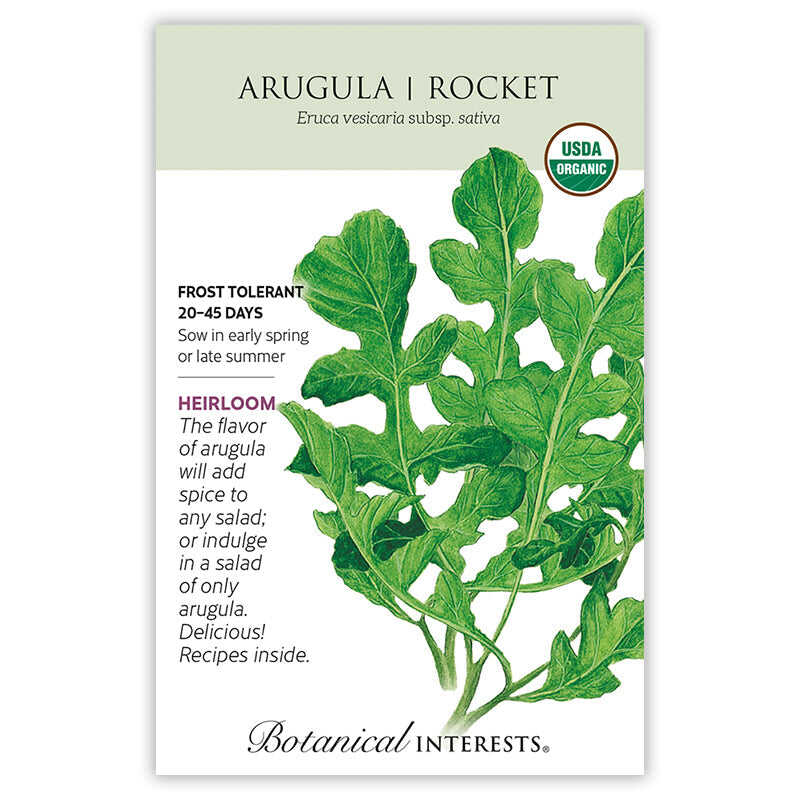Front of an organic Botanical Interests seed packet for Arugula/Rocket Seeds featuring a USDA Organic seal, heirloom description, and a botanical illustration of bright green, lobed arugula leaves.
