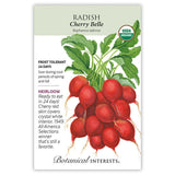 Front of an organic Botanical Interests seed packet for Cherry Belle Radish Seeds displaying a USDA Organic seal, plant characteristics, and a botanical illustration of bright red round radishes with green leafy tops.