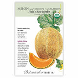 Melon seed packet with a cantaloupe illustration and botanical information about the variety 'Hale's Best Jumbo'.