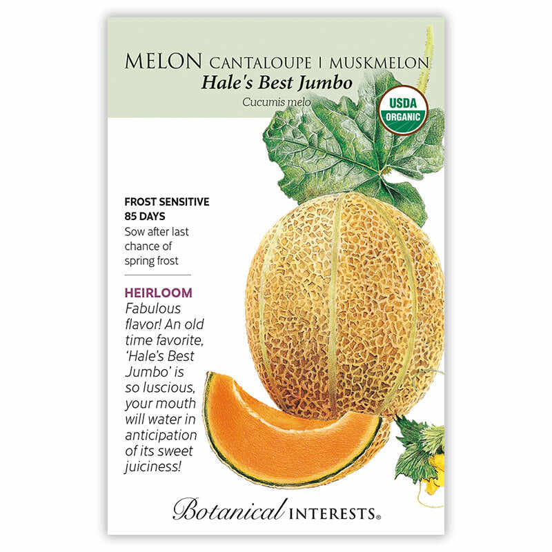 Melon seed packet with a cantaloupe illustration and botanical information about the variety 'Hale's Best Jumbo'.