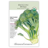 Seed packet for Di Cicco heirloom organic broccoli, featuring a detailed illustration of a broccoli stalk with clustered green florets, and text noting it's frost tolerant, ready in 48 days, and an 1890 Italian heirloom producing small to medium heads.