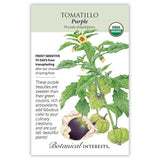Tomatillo purple seed packet with botanical illustration and information