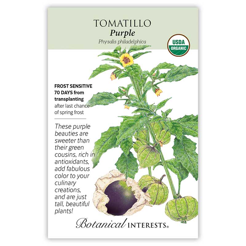 Tomatillo purple seed packet with botanical illustration and information