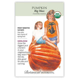 Botanical Interests Big Max Pumpkin heirloom seed packet illustrated with two children sitting atop a massive orange pumpkin, noting it's frost sensitive, matures in 120 days, may reach 100 lbs, and suits jack-o'-lanterns, pies, or canning, with a USDA Organic seal.