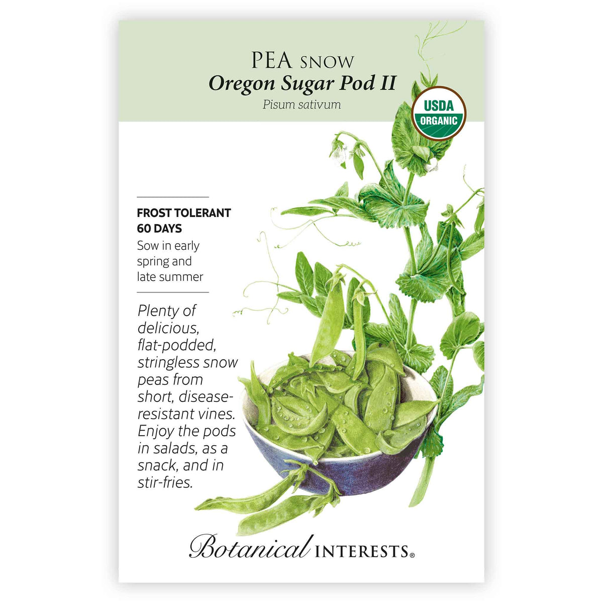 Front of an organic Botanical Interests seed packet for Oregon Sugar Pod II Snow Pea Seeds displaying a USDA Organic seal and botanical information and illustration of green snow pea pods, leaves, and tendrils resting in a blue bowl.