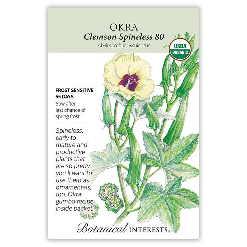 Front of an organic Botanical Interests seed packet for Clemson Spineless 80 Okra Seeds displaying a USDA Organic seal, heirloom description, and a botanical illustration of green okra pods and a pale yellow flower with a purple center.