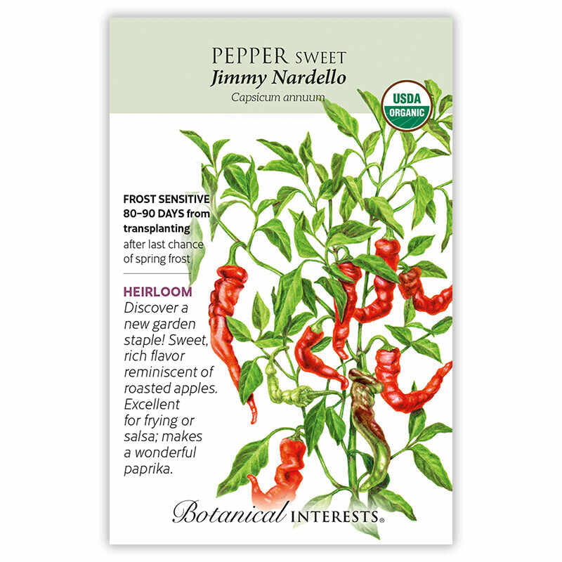 Seed packet for Jimmy Nardello Sweet Pepper featuring an illustration of a leafy plant with long, curled, wrinkled red and green pods, with organic and heirloom labeling plus text noting frost sensitivity, an 80–90 day maturity, and a description praising its sweet, apple-like flavor for frying or salsa.