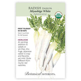 Seed packet for Radish Daikon Miyashige White with botanical illustration, USDA Organic label, and growing information.